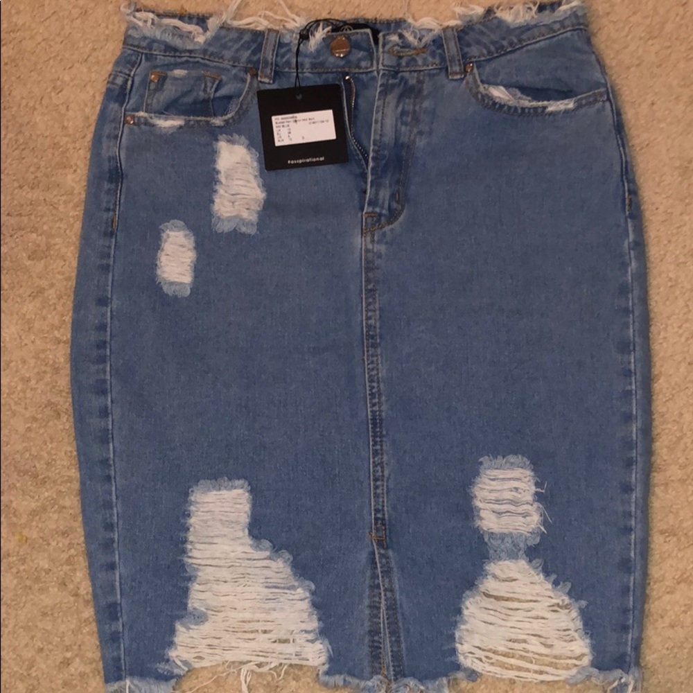 Distressed Denim Midi Skirt